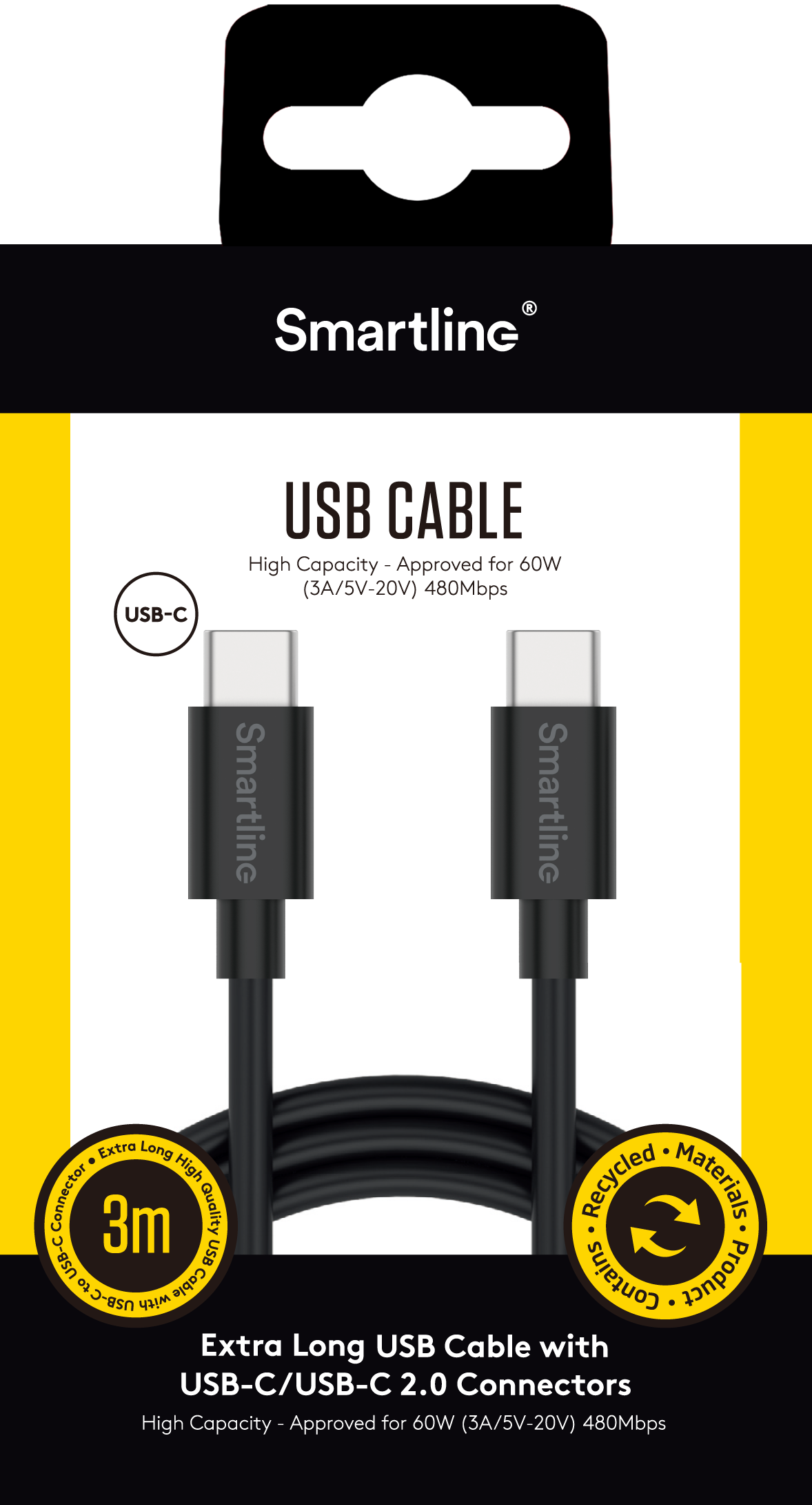 USB Cable USB-C -> USB-C 3m musta