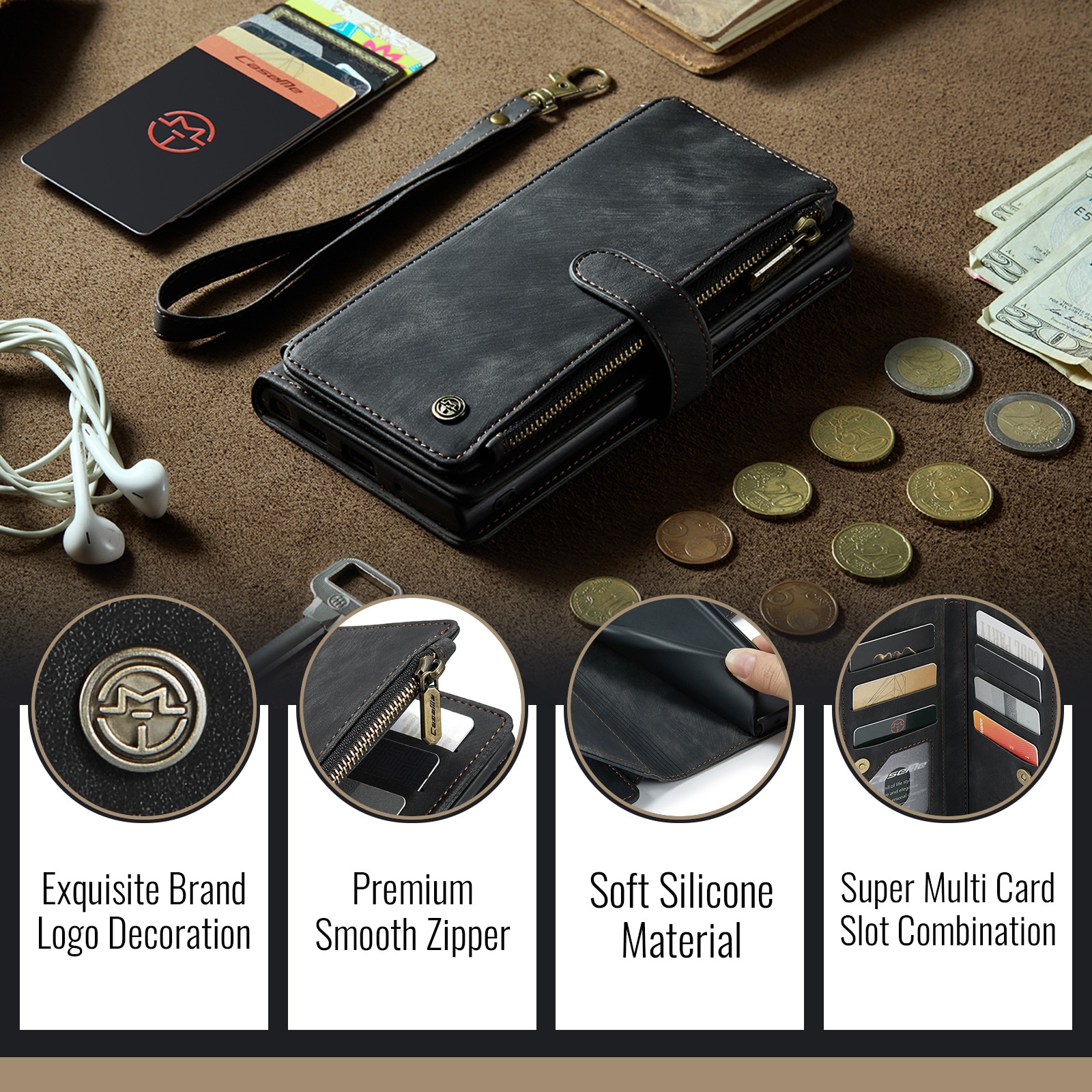 Zipper Wallet iPhone 16 Musta