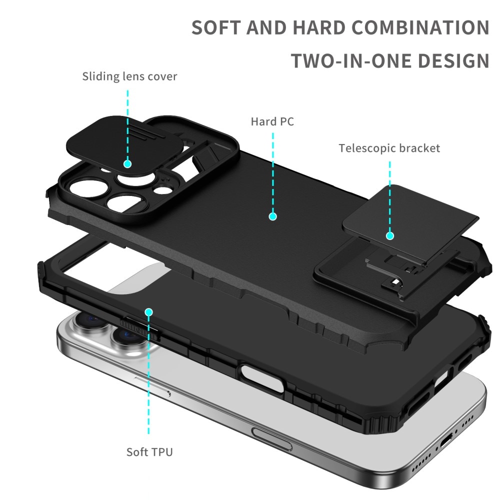 iPhone 16 Pro Max Kickstand Kotelo Kamerasuojalla Musta