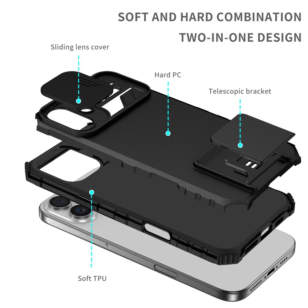 iPhone 16 Kickstand Kotelo Kamerasuojalla Musta