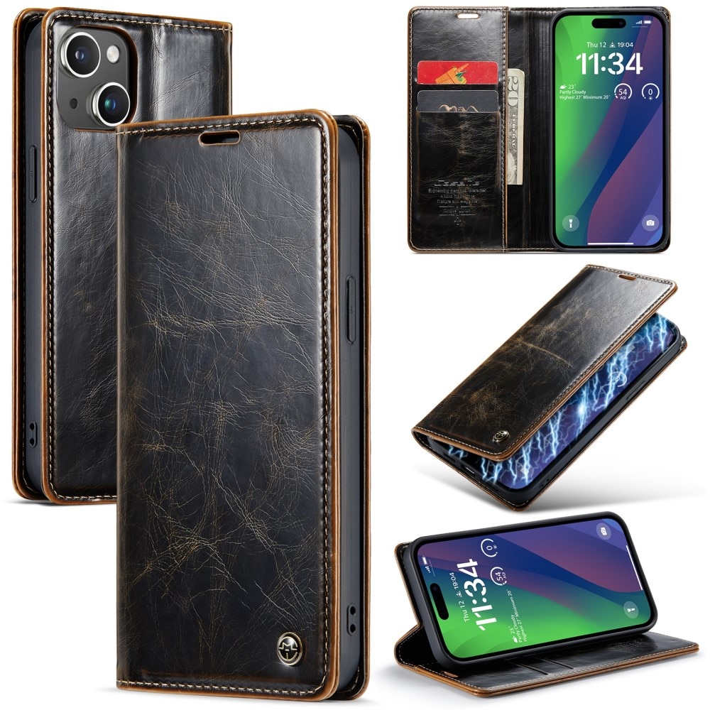 Leather Wallet iPhone 16 ruskea