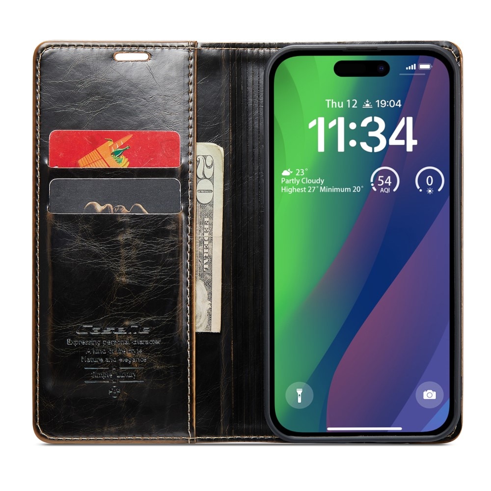 Leather Wallet iPhone 16 ruskea