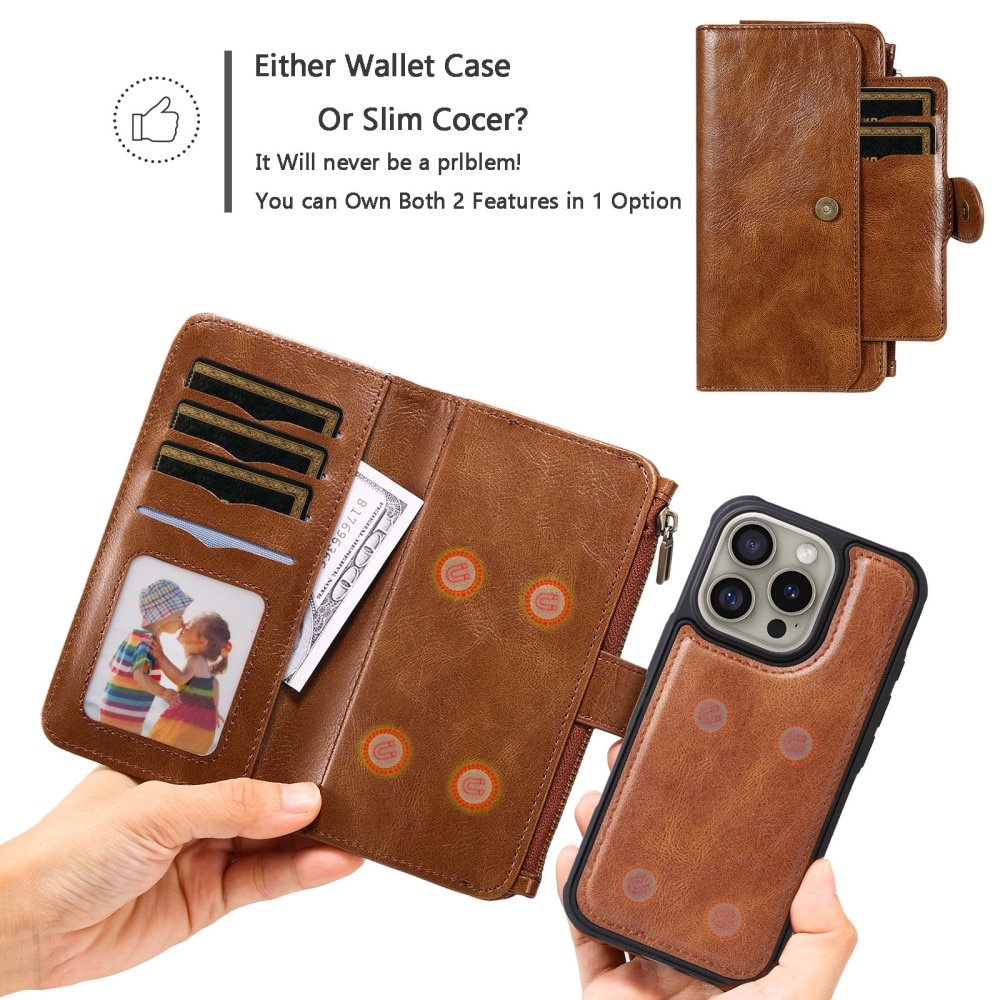 Magnet Leather Multi-Wallet iPhone 16 Pro ruskea