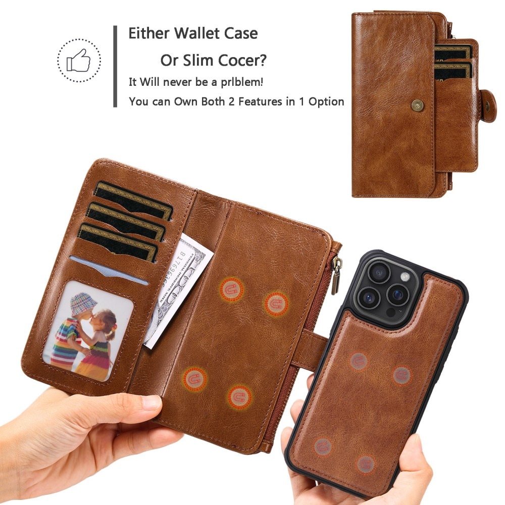 Magnet Leather Multi-Wallet iPhone 16 Pro Max ruskea