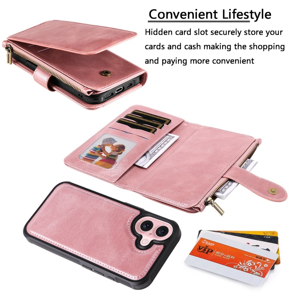 Magnet Leather Multi-Wallet iPhone 16 vaaleanpunainen