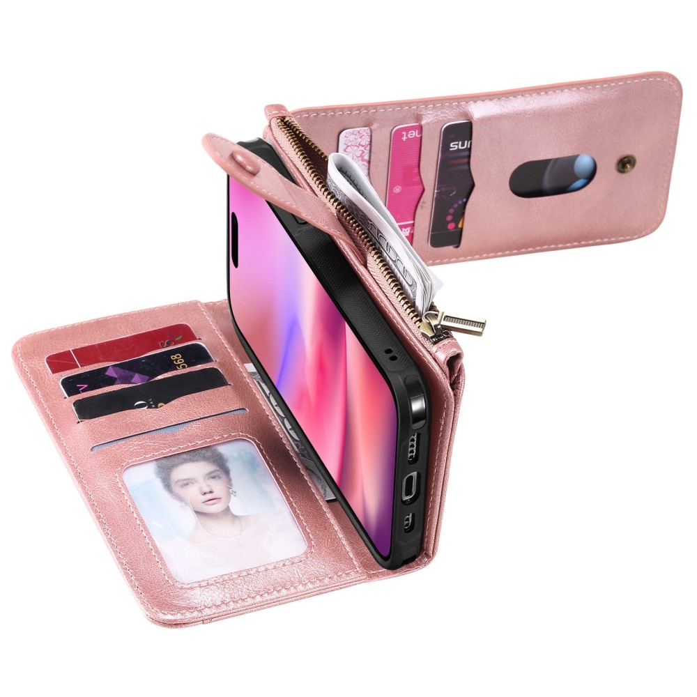 Magnet Leather Multi-Wallet iPhone 16 vaaleanpunainen