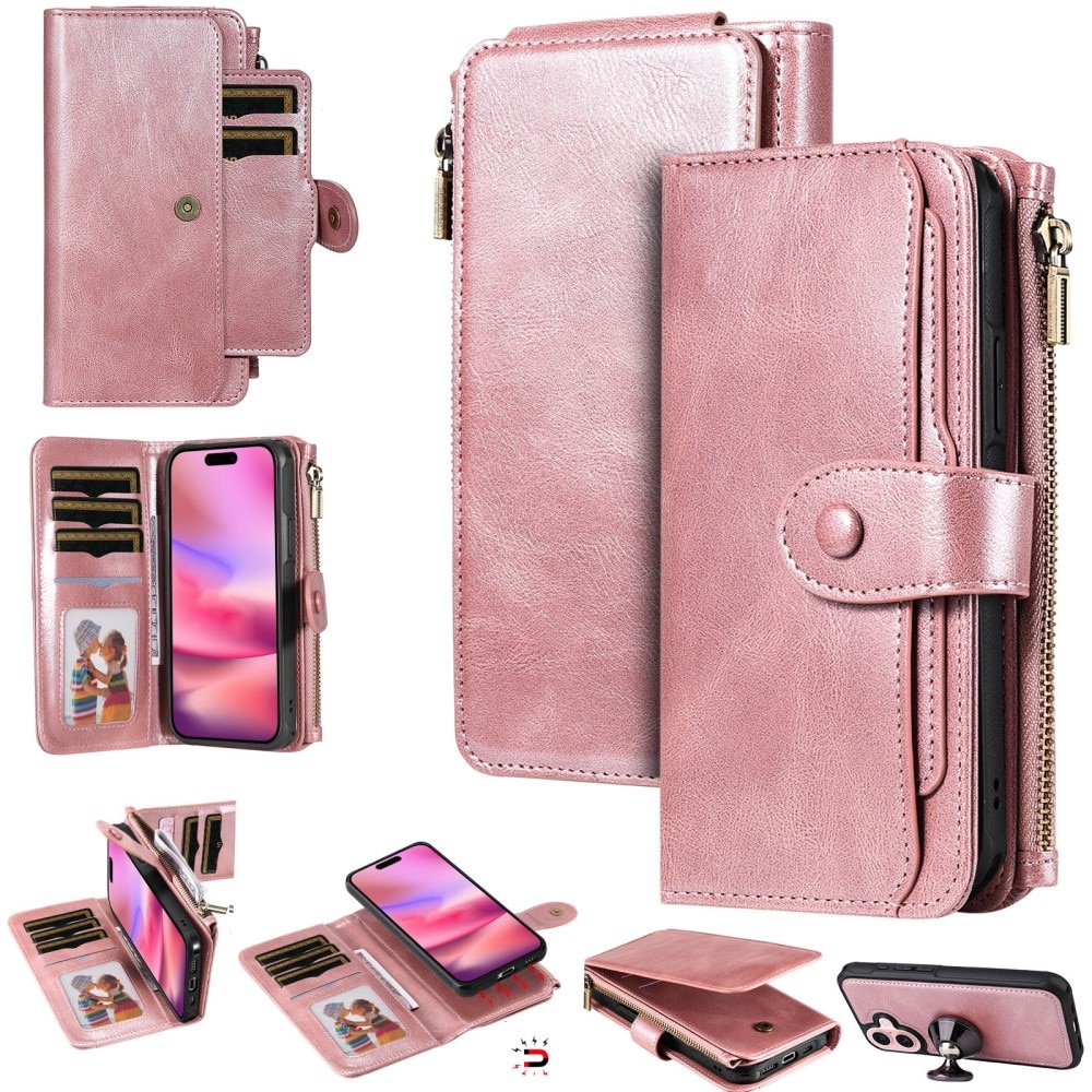 Magnet Leather Multi-Wallet iPhone 16 vaaleanpunainen