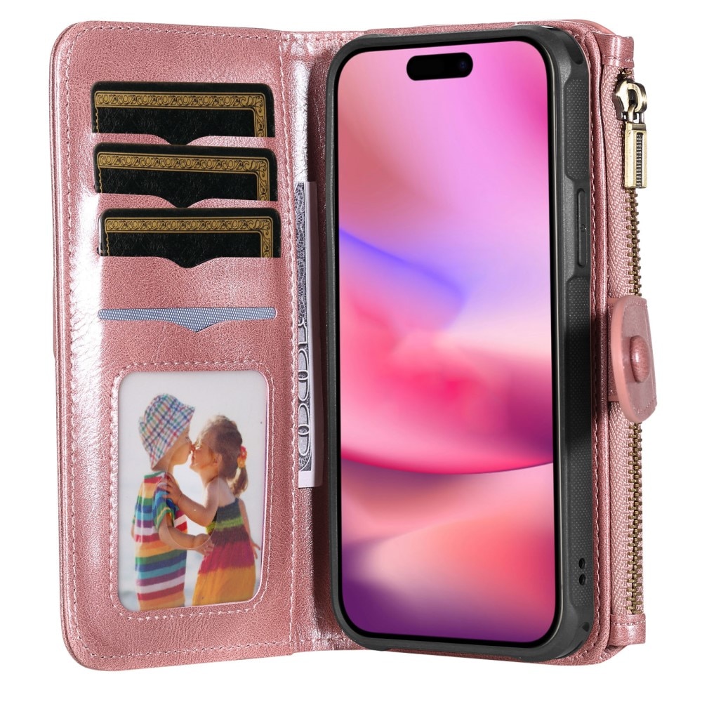 Magnet Leather Multi-Wallet iPhone 16 vaaleanpunainen