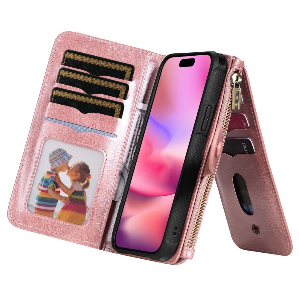 Magnet Leather Multi-Wallet iPhone 16 vaaleanpunainen