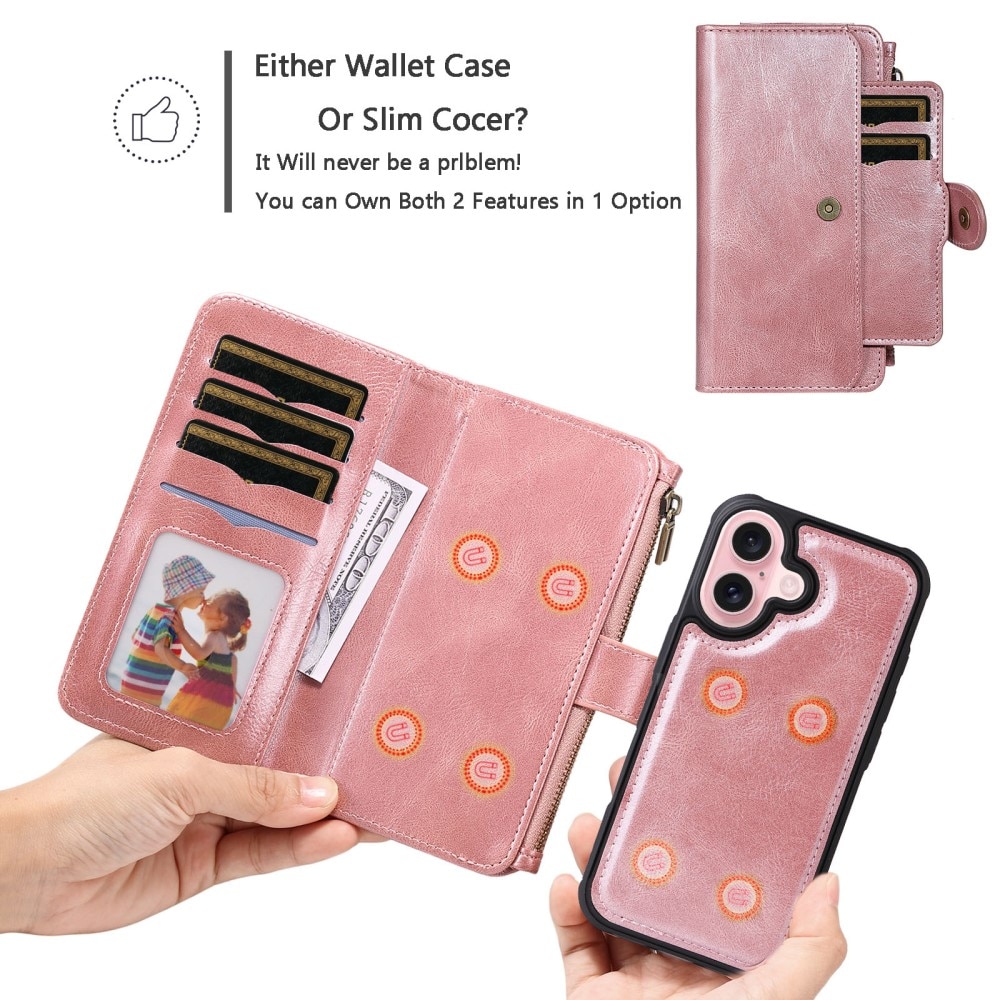 Magnet Leather Multi-Wallet iPhone 16 vaaleanpunainen