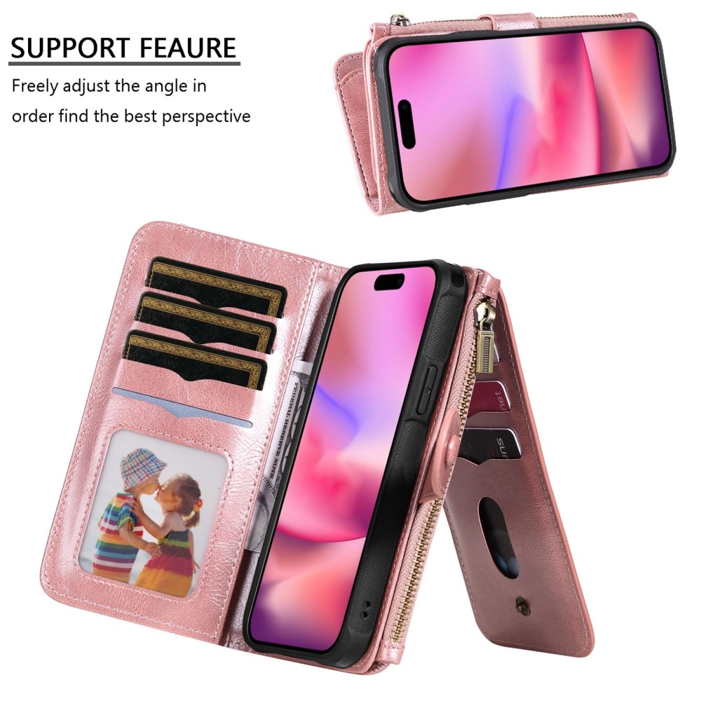 Magnet Leather Multi-Wallet iPhone 16 vaaleanpunainen