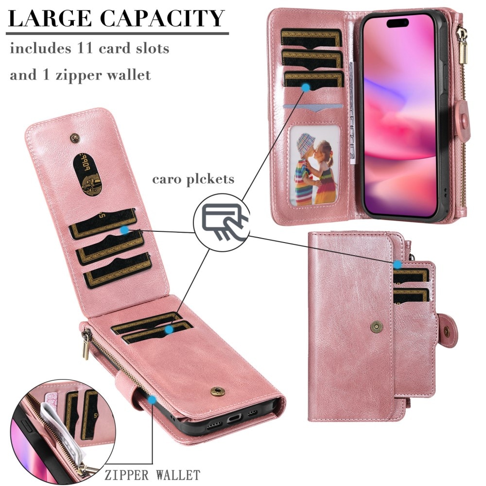 Magnet Leather Multi-Wallet iPhone 16 vaaleanpunainen