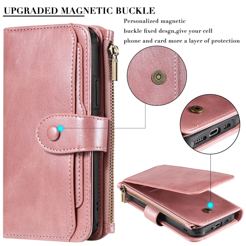 Magnet Leather Multi-Wallet iPhone 16 vaaleanpunainen