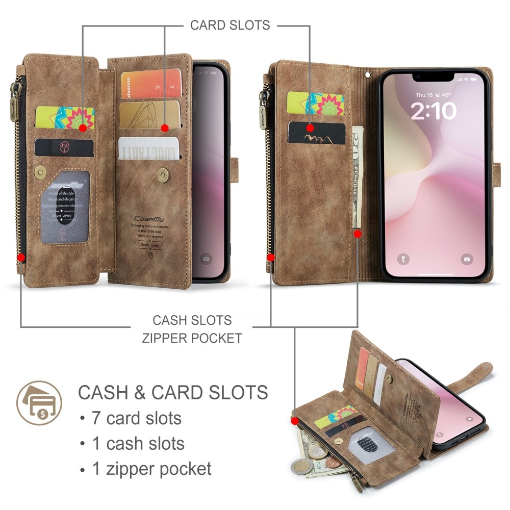 Zipper Wallet iPhone 16e Ruskea