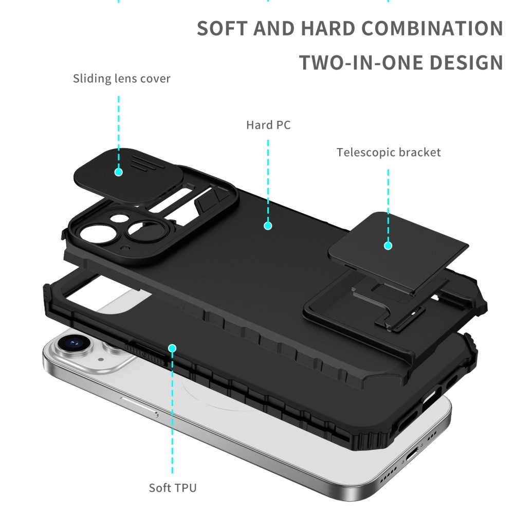 iPhone 15 Kickstand Kotelo Kamerasuojalla Musta