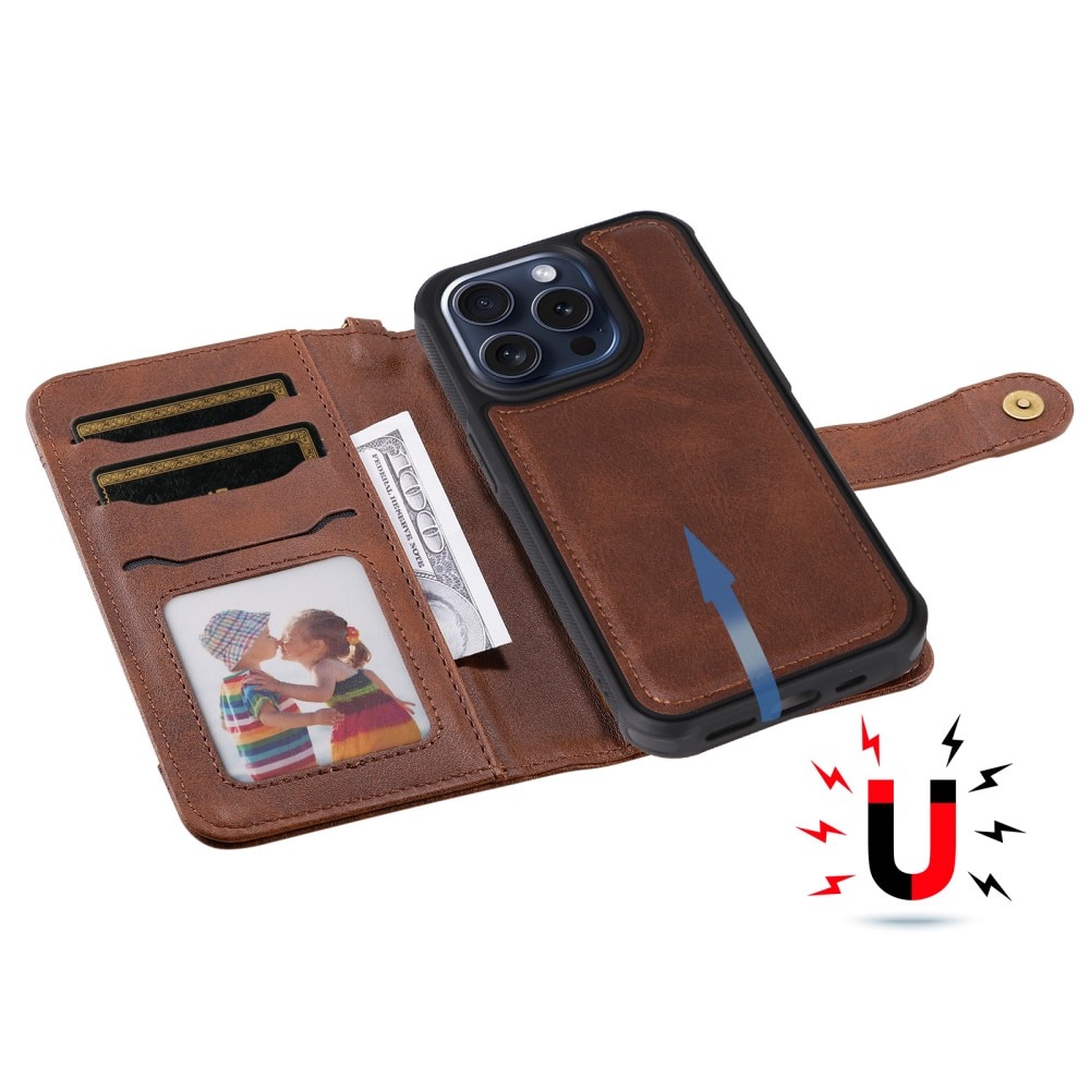 Magnet Leather Wallet iPhone 15 Pro ruskea