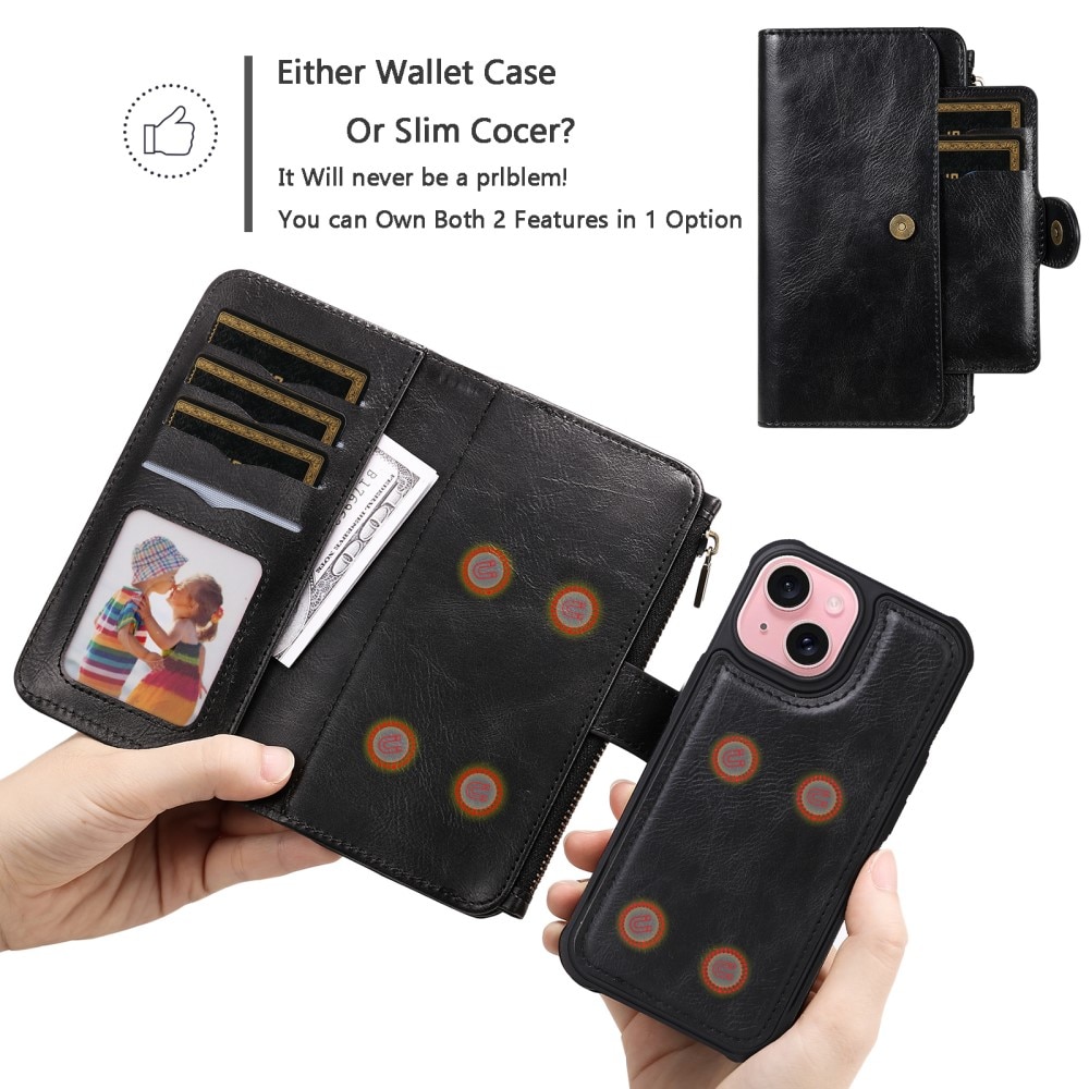 Magnet Leather Multi-Wallet iPhone 15 musta