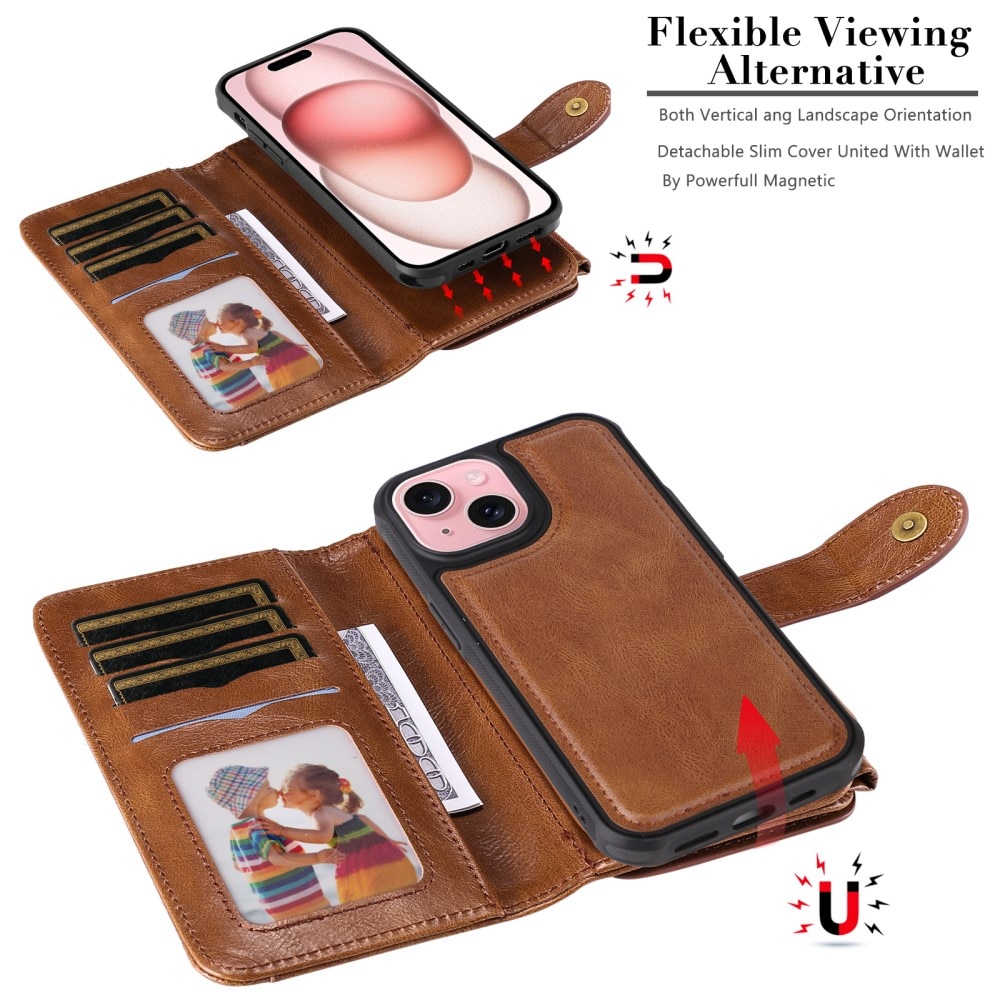 Magnet Leather Multi-Wallet iPhone 15 ruskea