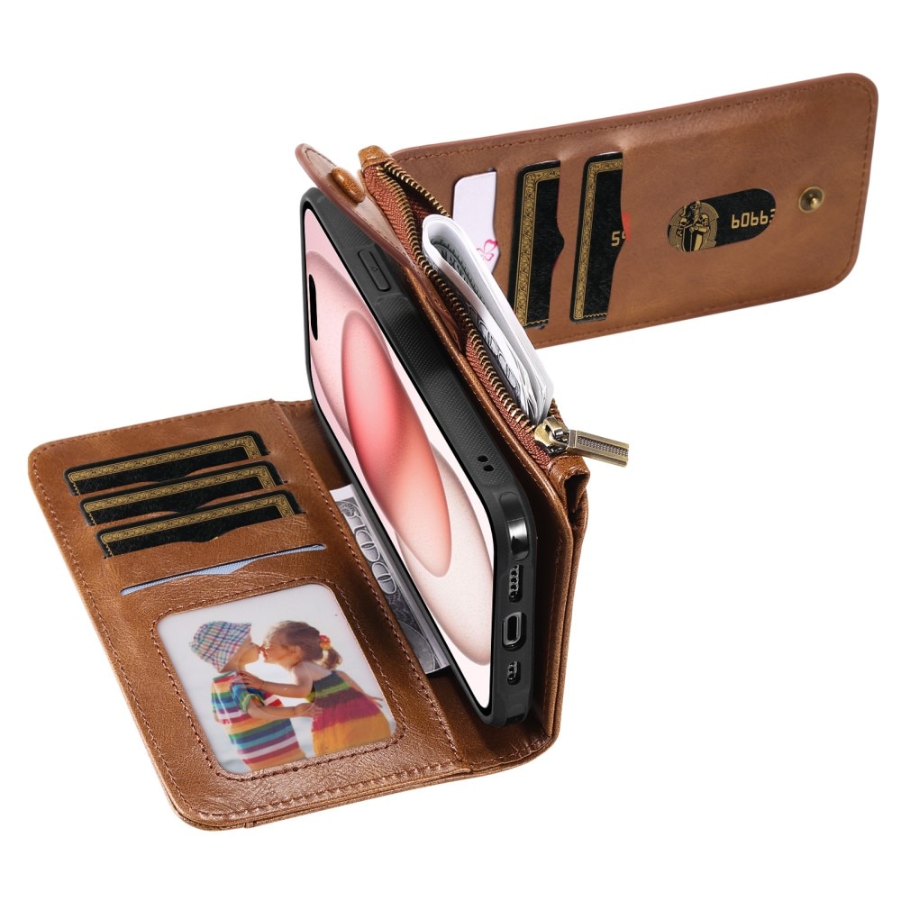 Magnet Leather Multi-Wallet iPhone 15 ruskea