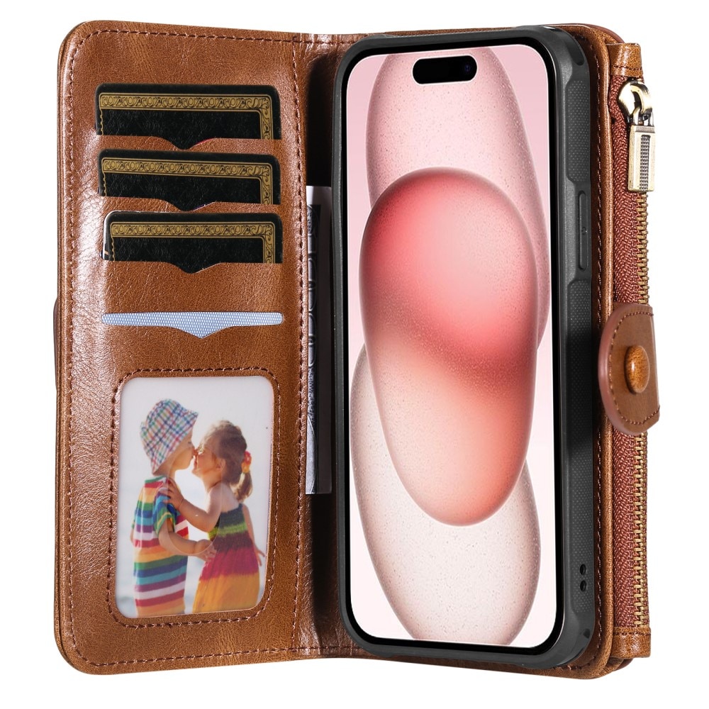 Magnet Leather Multi-Wallet iPhone 15 ruskea