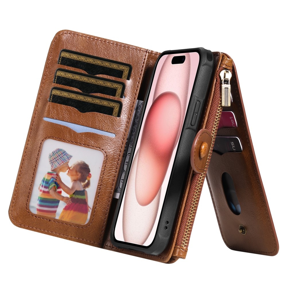 Magnet Leather Multi-Wallet iPhone 15 ruskea