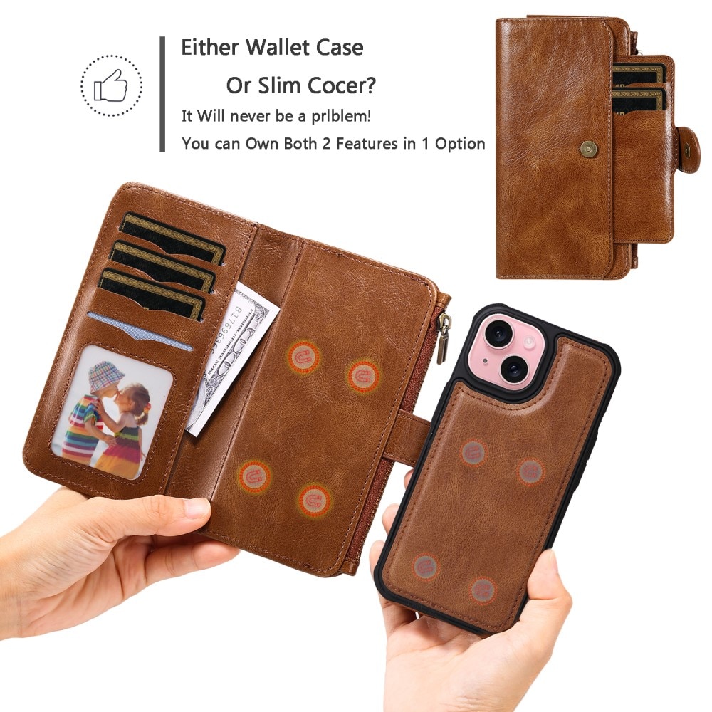 Magnet Leather Multi-Wallet iPhone 15 ruskea