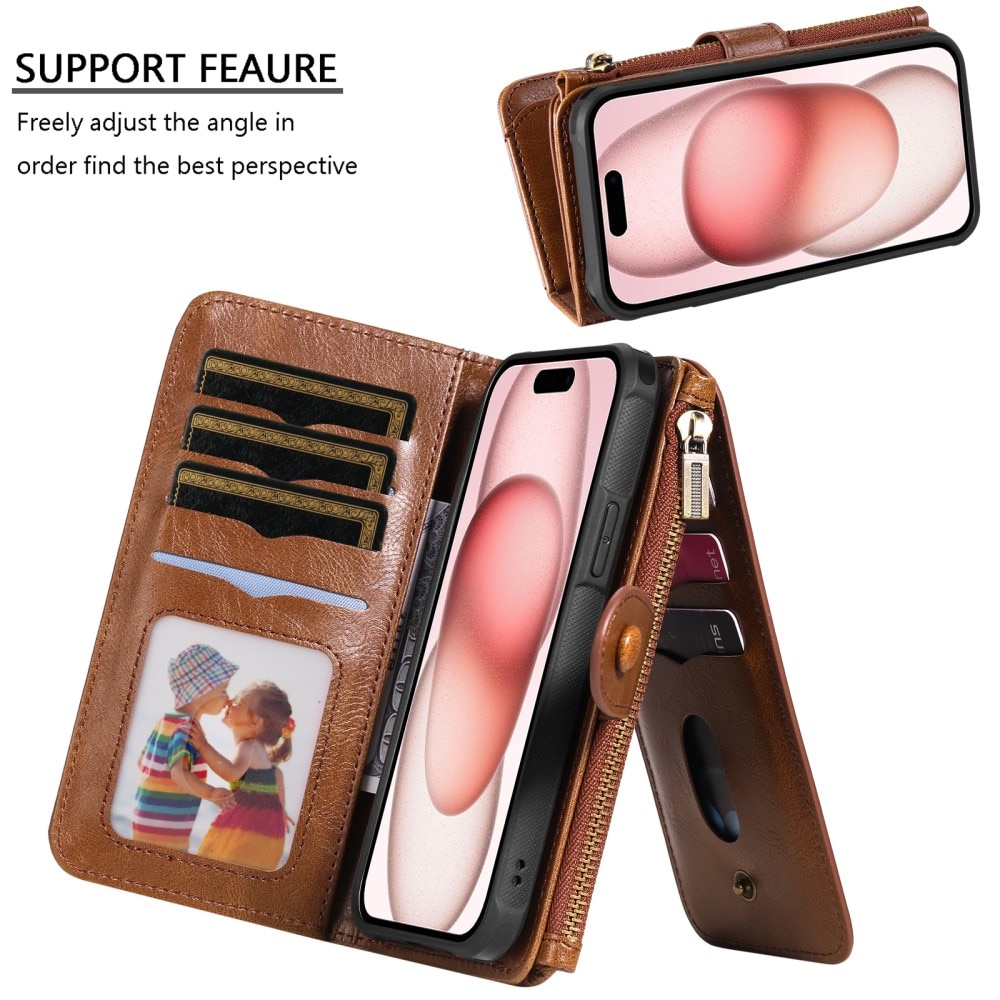 Magnet Leather Multi-Wallet iPhone 15 ruskea