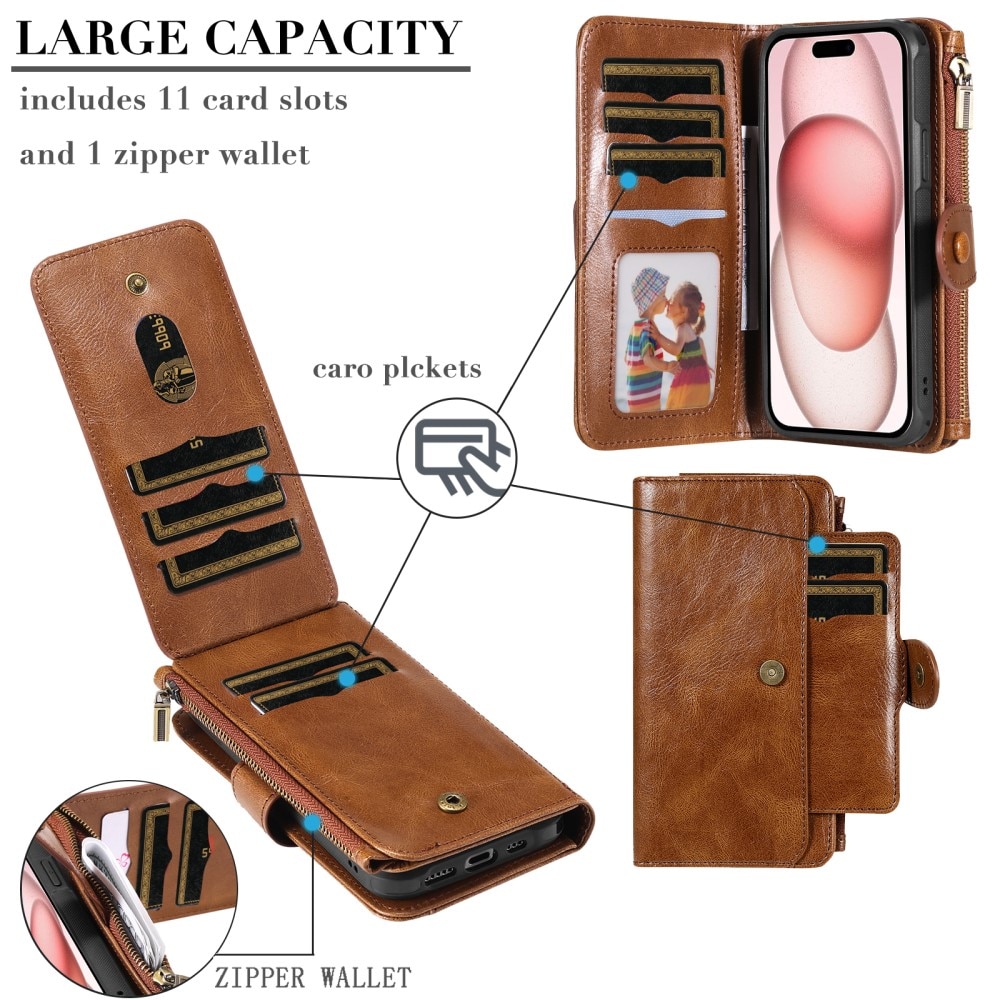 Magnet Leather Multi-Wallet iPhone 15 ruskea