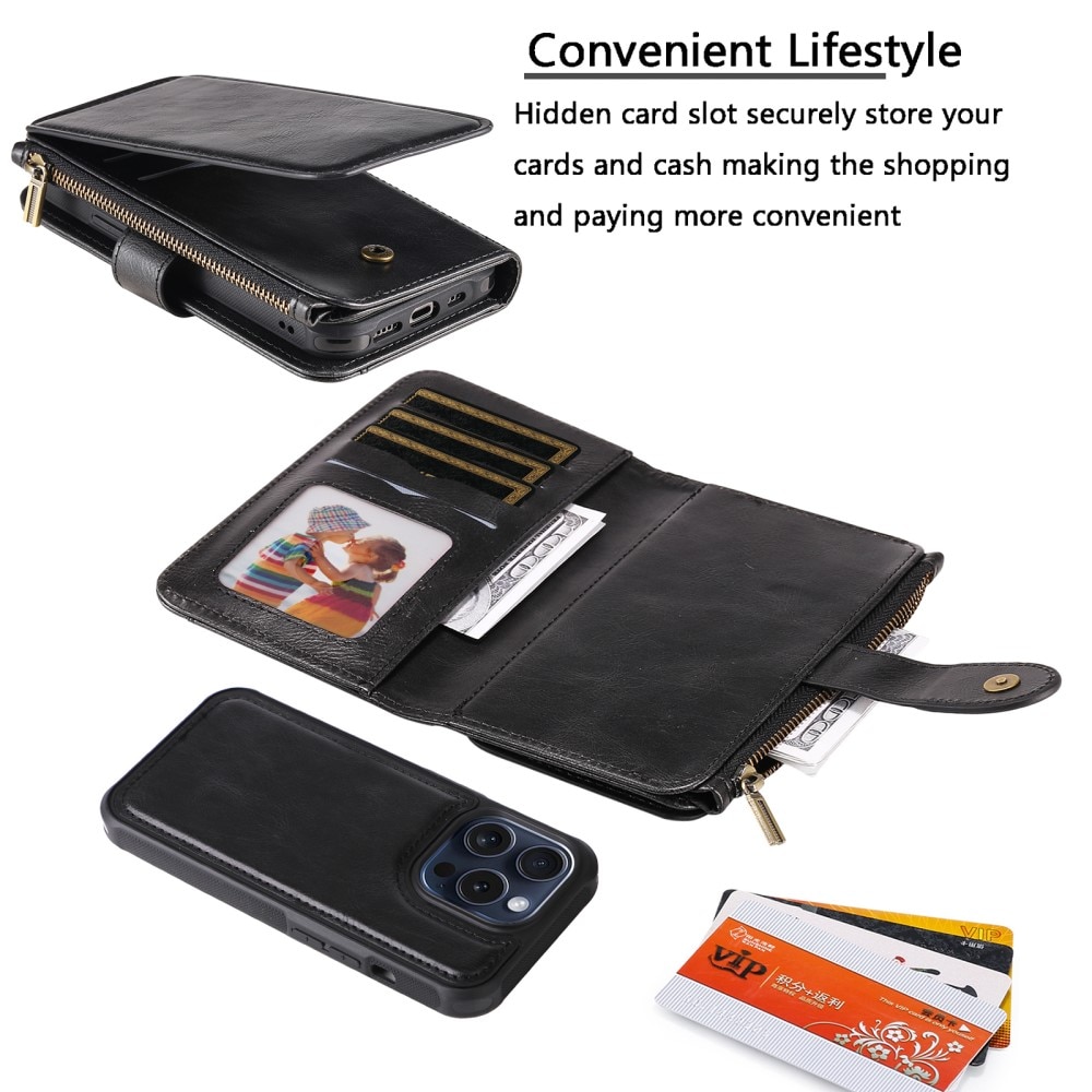 Magnet Leather Multi-Wallet iPhone 15 Pro musta