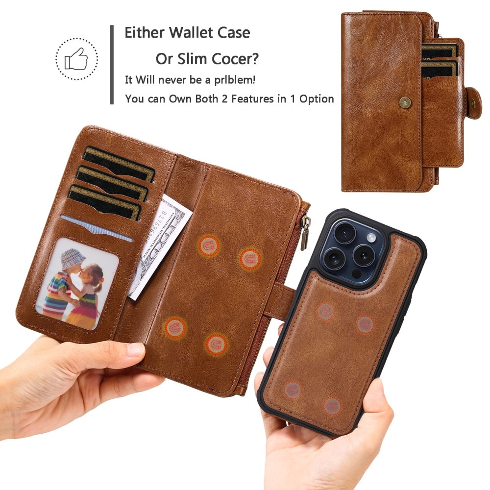 Magnet Leather Multi-Wallet iPhone 15 Pro ruskea