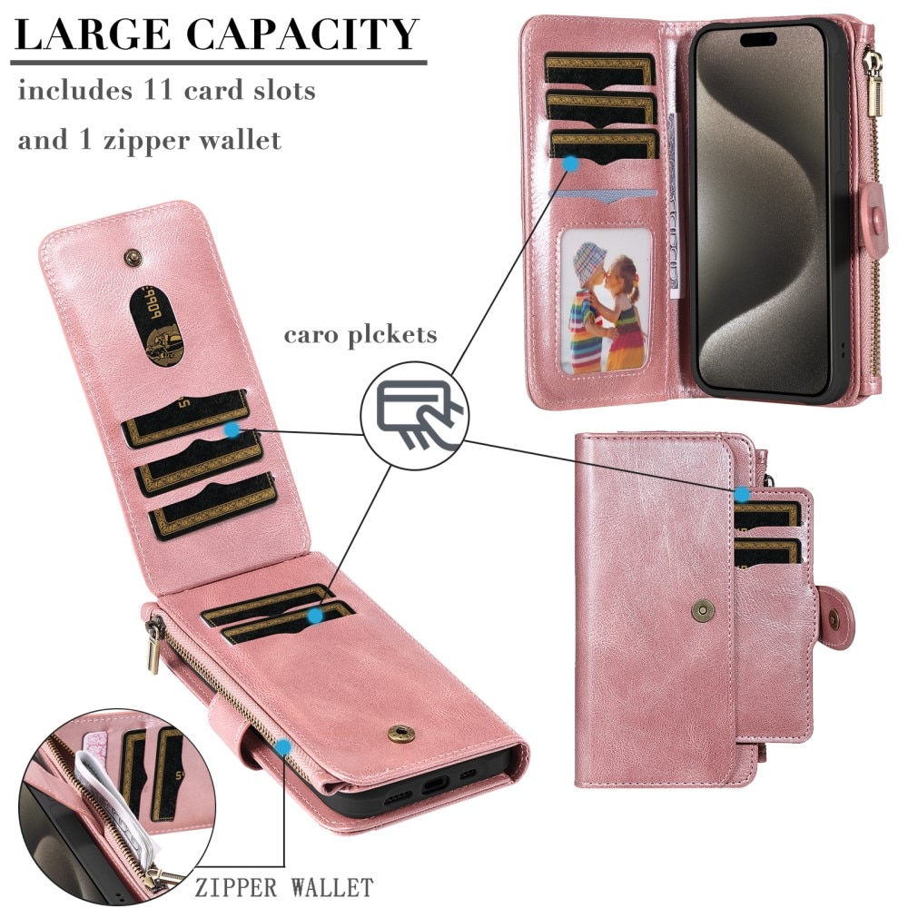 Magnet Leather Multi-Wallet iPhone 15 Pro Max vaaleanpunainen