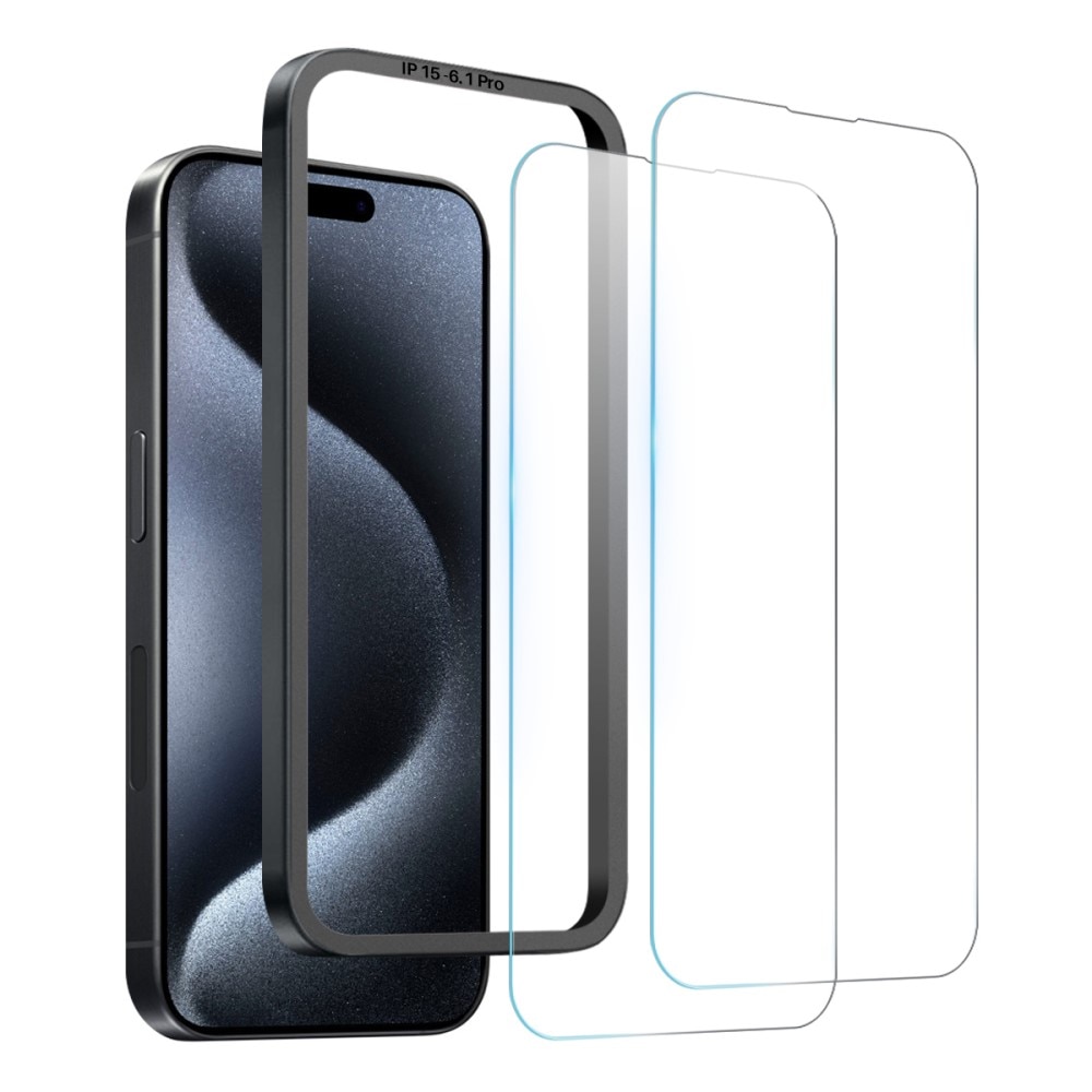 Näytön Panssarilasi  näytönsuoja asennuskehyksellä iPhone 15 Pro (2-pack)