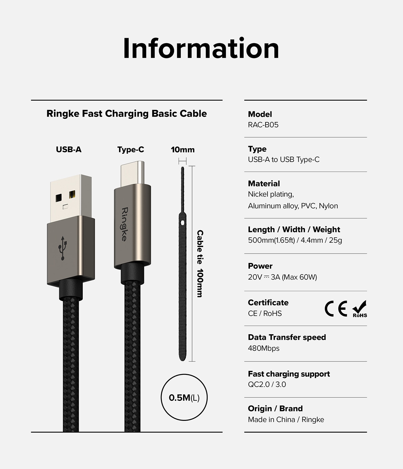 Fast Charging Basic Kaapeli USB-A -> USB-C 0,5m musta