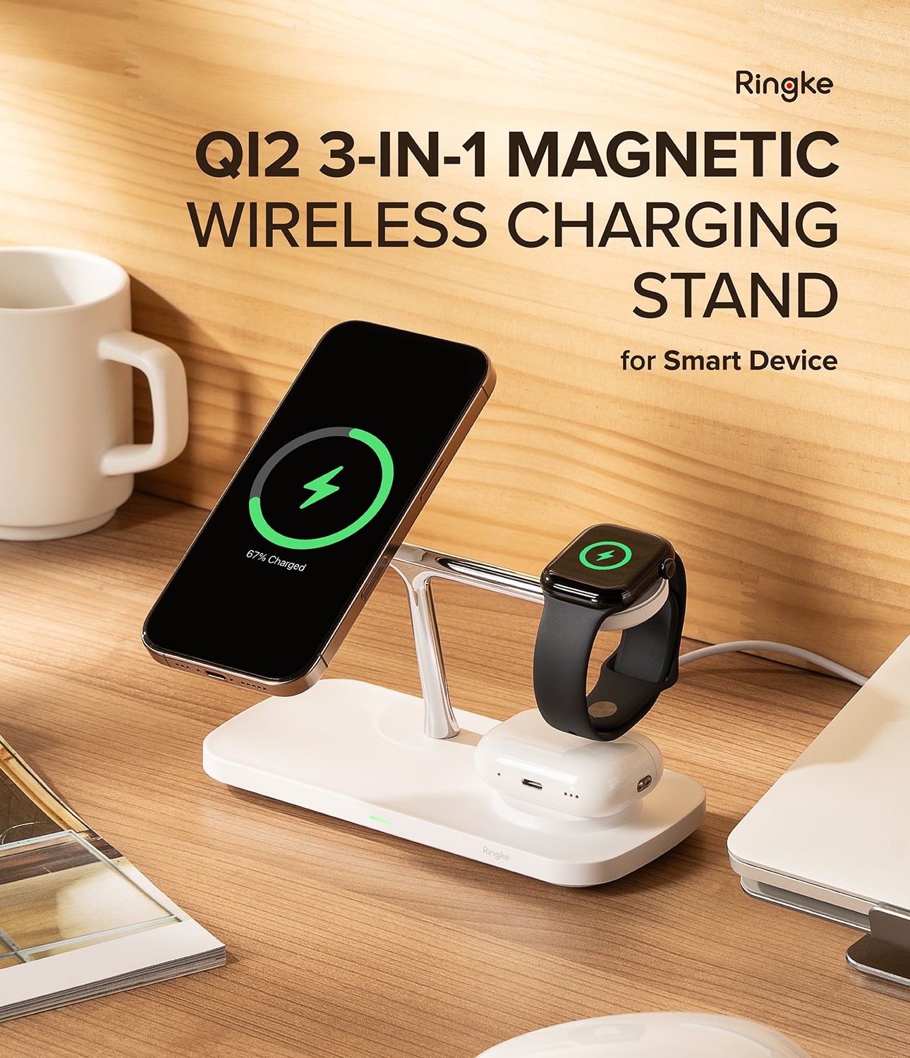 3-in-1 Wireless Charger Stand Qi2 MagSafe valkoinen