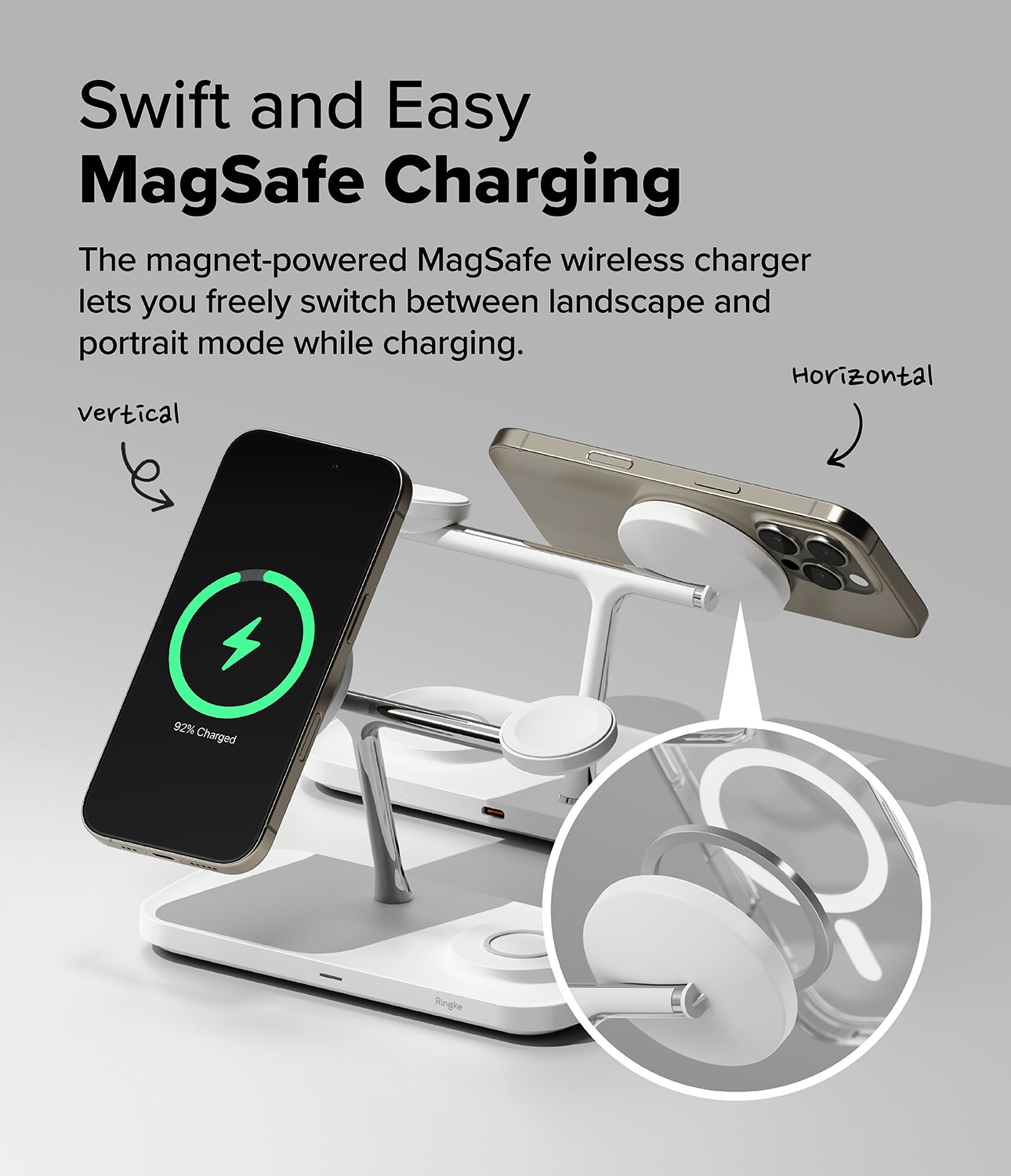 3-in-1 Wireless Charger Stand Qi2 MagSafe valkoinen